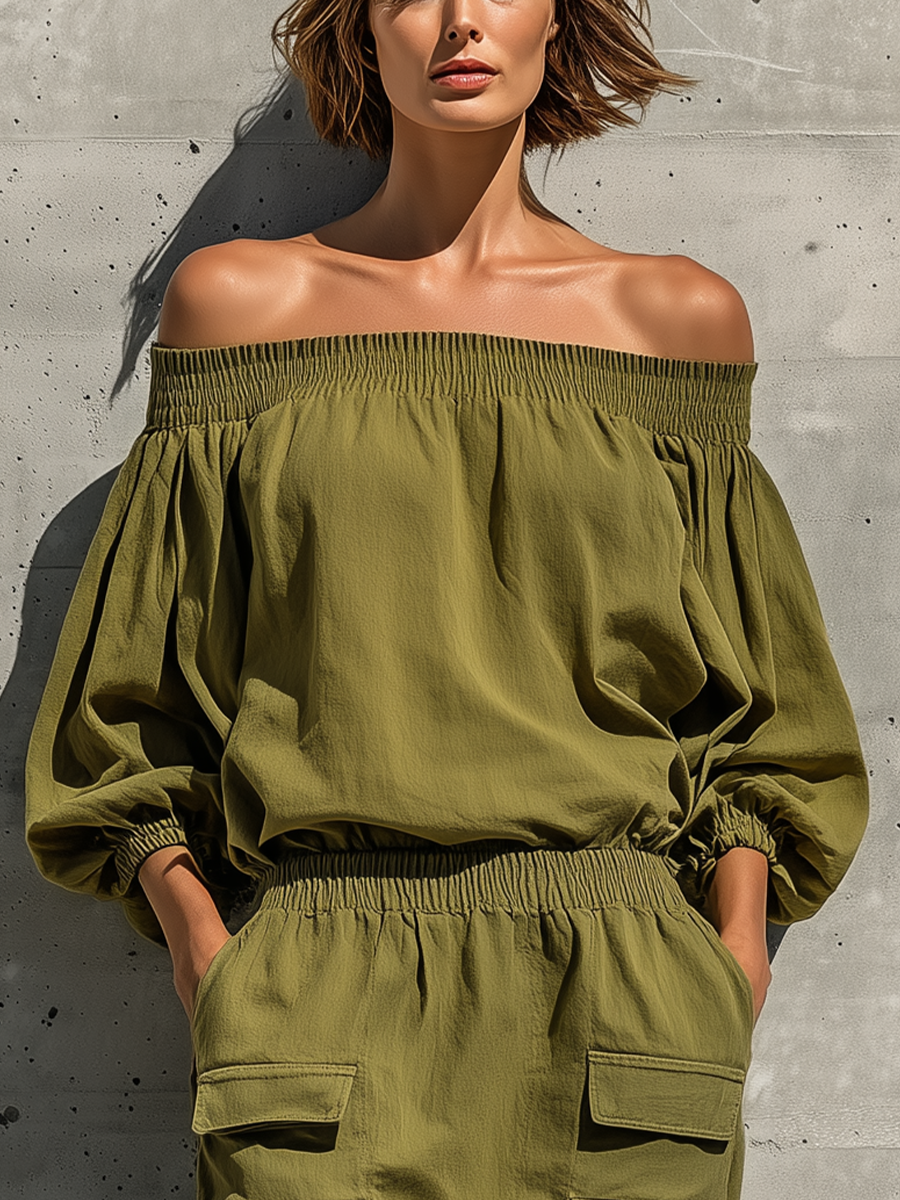 Women's Olive Green Off-Shoulder Dress with Elastic Waist and Utility Pockets MDZ1059F1T