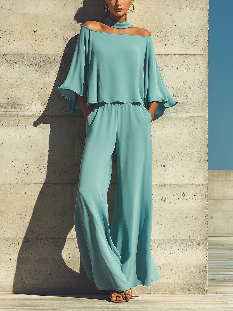 Women’s Turquoise Off-the-Shoulder Flared Sleeve Overlay Top & Elastic Waist Wide Leg Pants Two-Piece Set MDZ1011F3T