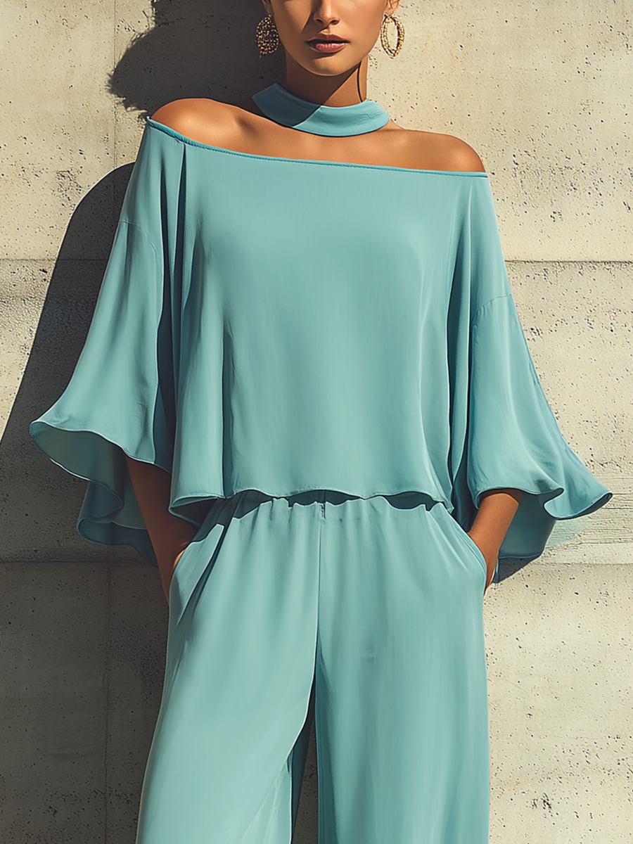 Women’s Turquoise Off-the-Shoulder Flared Sleeve Overlay Top & Elastic Waist Wide Leg Pants Two-Piece Set MDZ1011F3T