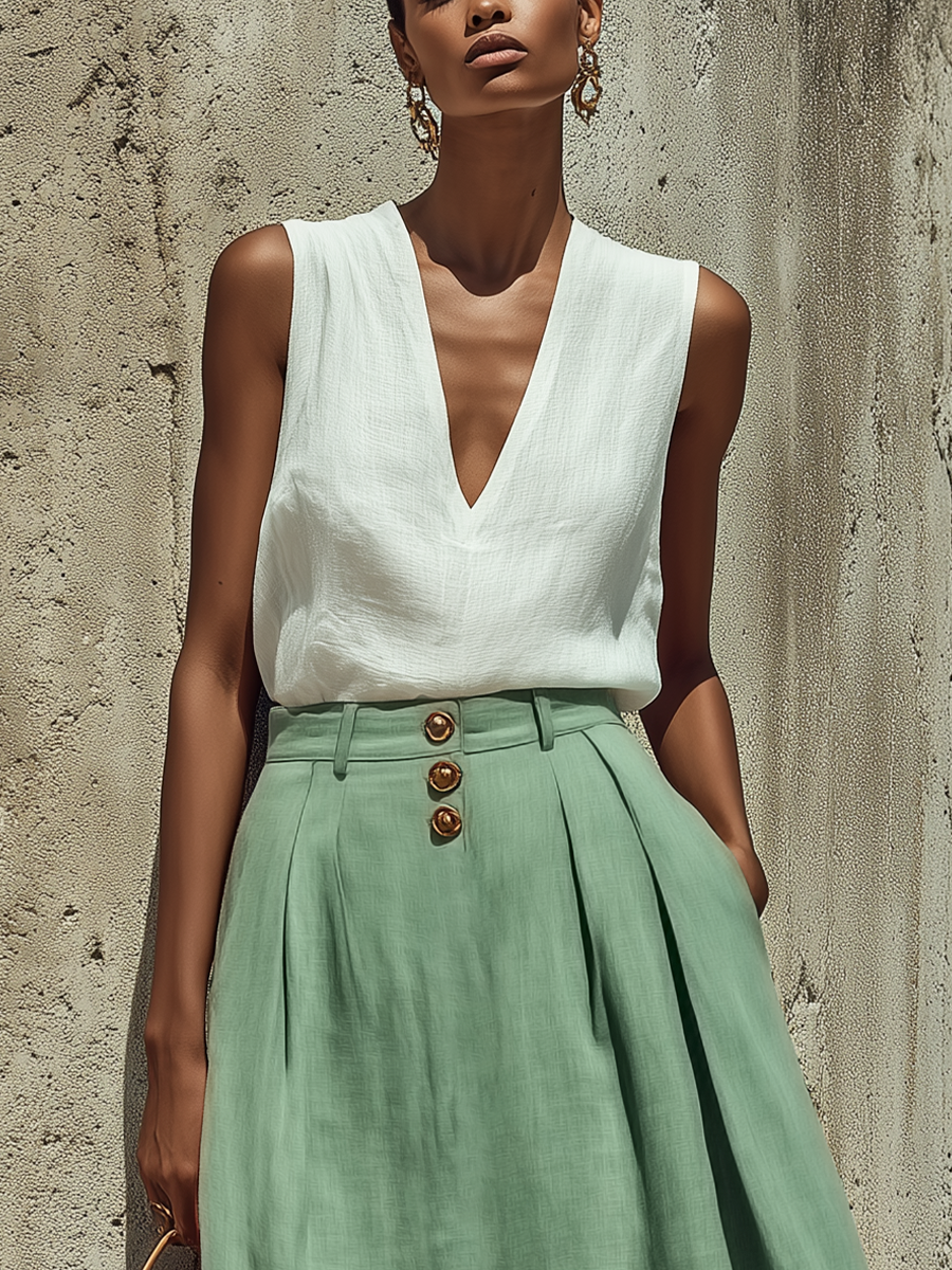 Women’s White Linen Sleeveless Deep V-Neck Blouse & Sage Green High Waist Pleated Maxi Skirt With Gold Buttons Two-Piece Set MDZ1079F2T