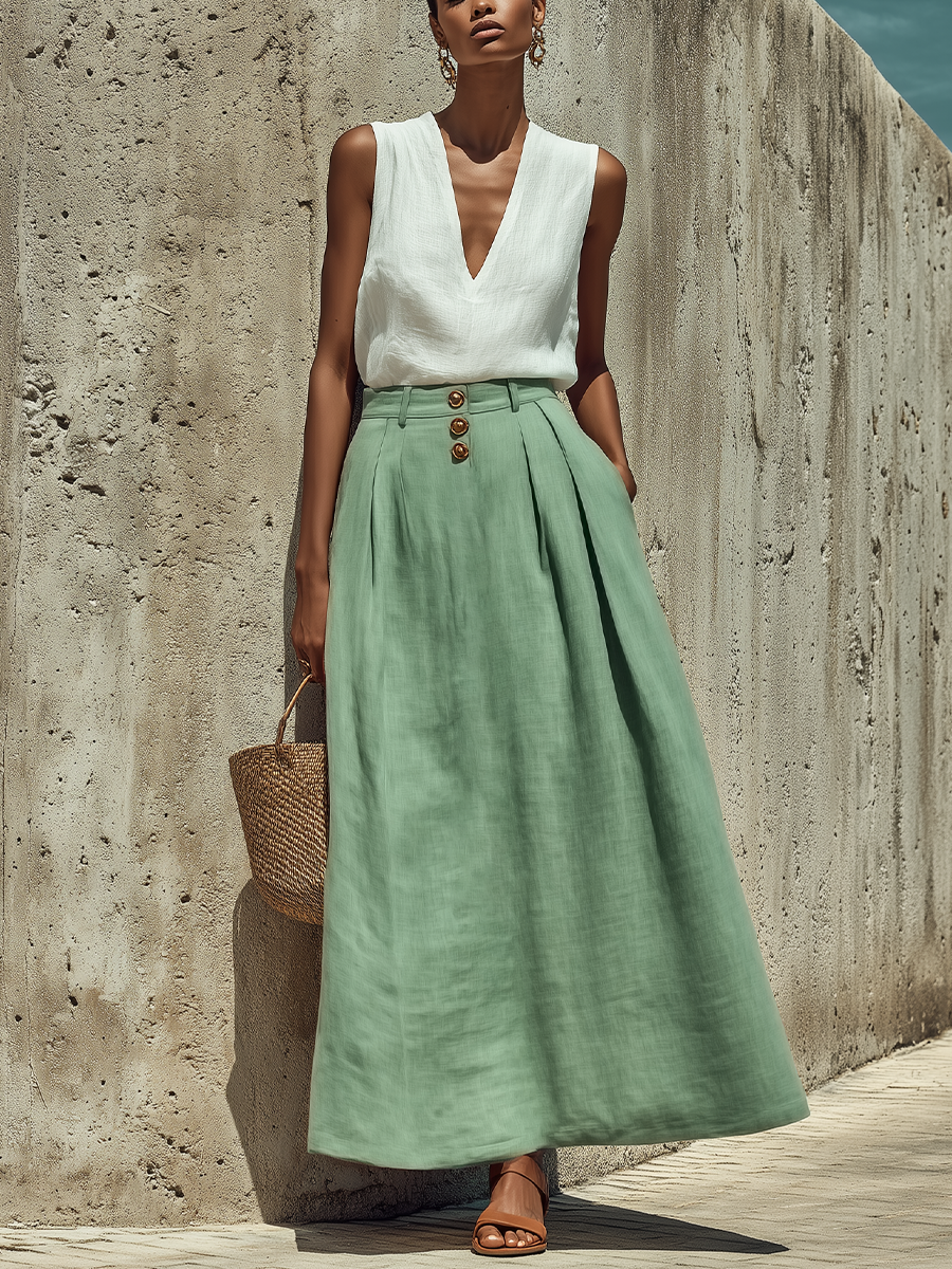 Women’s White Linen Sleeveless Deep V-Neck Blouse & Sage Green High Waist Pleated Maxi Skirt With Gold Buttons Two-Piece Set MDZ1079F2T