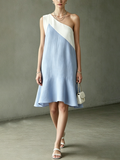 Women's Light Luxury Commuter Style Light Blue And White Color Block Cotton Blend One-Shoulder Asymmetric Panel Flounce Hem Midi Dress  MDZ1019F7GMJ