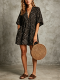 Women's Casual Vacation Style Black Cotton Blend Geometric Line Print Deep V Short Sleeve Elastic Waist Pocket Mini Dress MDZ1093F8GMJ