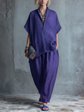 Women's Casual Style Deep Purple Linen Blend Loose Stand Collar Half Button Blouse And Lantern Pants Two-Piece Set MDZ1073F5GMJ
