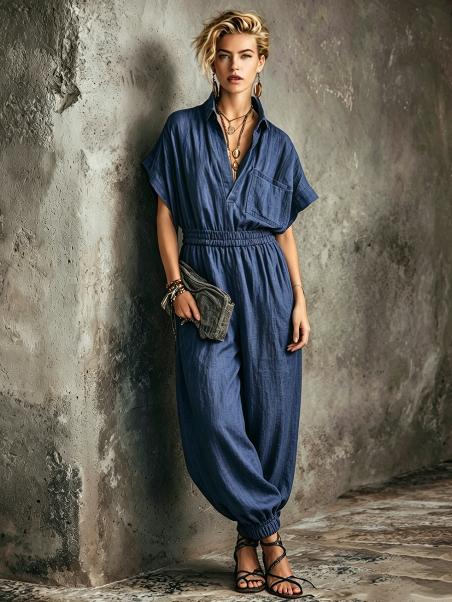Women's Retro Casual Style Navy Blue Linen Blend Shirt Style Collar Half Placket Elastic Waist Cuffed Ankle Full Length Jumpsuit MDZ1018F8GMJ