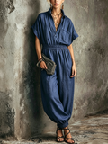 Women's Retro Casual Style Navy Blue Linen Blend Shirt Style Collar Half Placket Elastic Waist Cuffed Ankle Full Length Jumpsuit MDZ1018F8GMJ