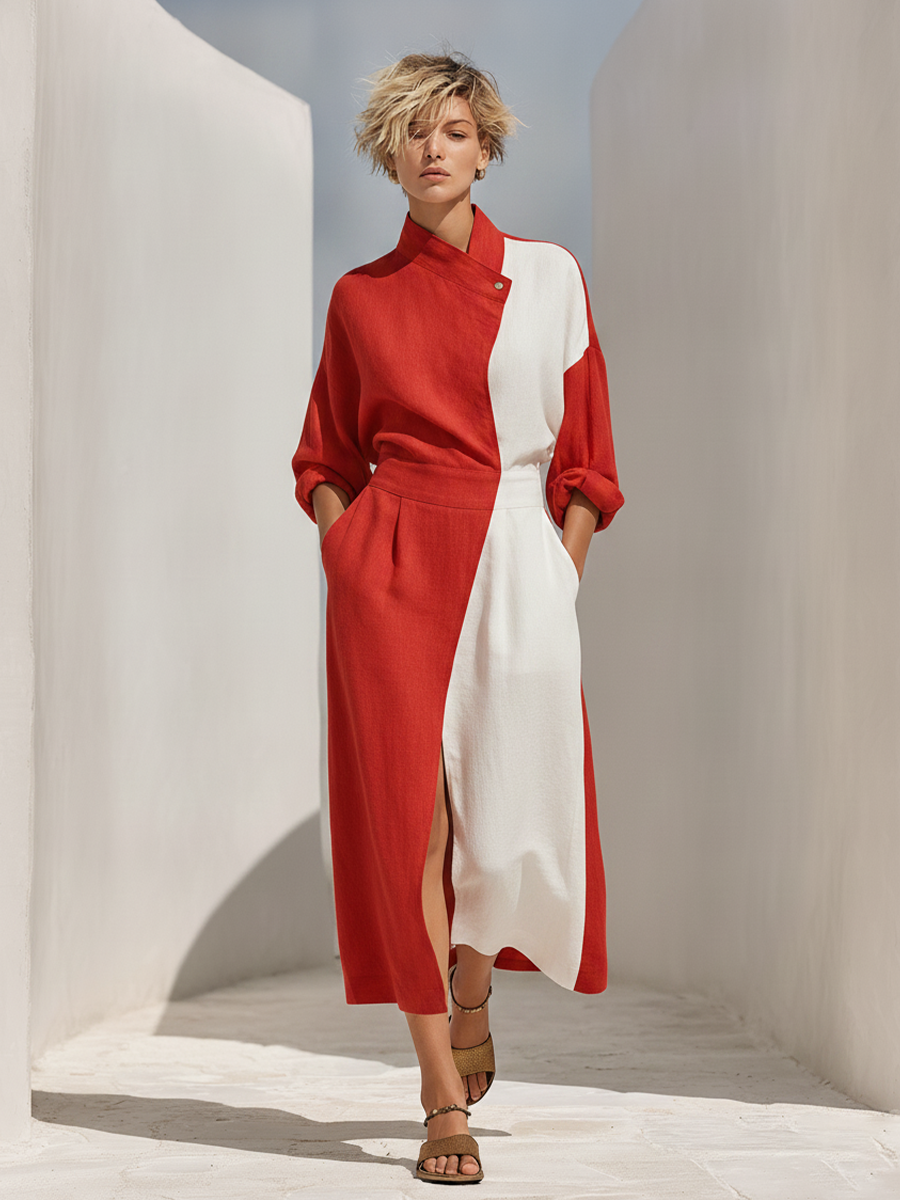 Women's Red & White Color-Block Linen Midi Dress With Asymmetric Wrap Collar & Waist-Cinched Skirt, Minimalist Elegant Casual Dress MDZ1162F6LYL