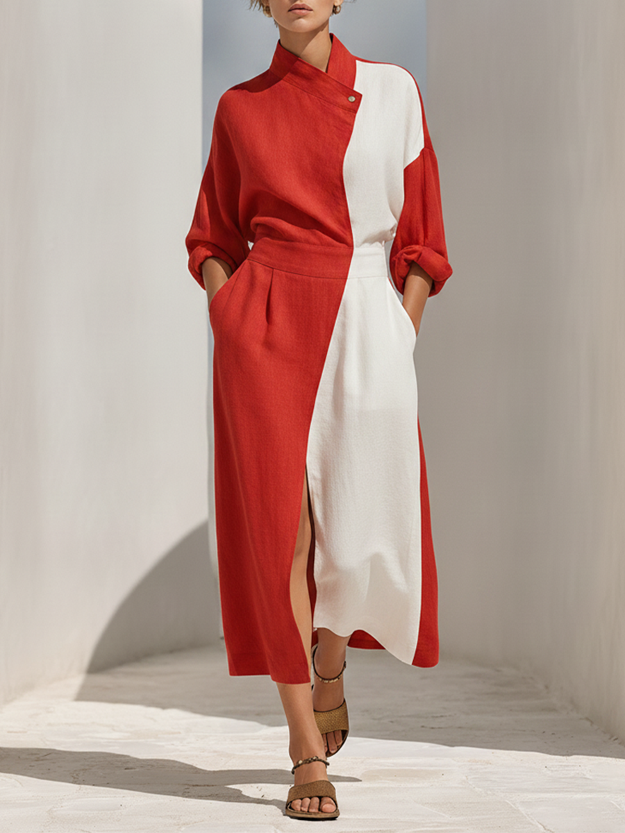 Women's Red & White Color-Block Linen Midi Dress With Asymmetric Wrap Collar & Waist-Cinched Skirt, Minimalist Elegant Casual Dress MDZ1162F6LYL