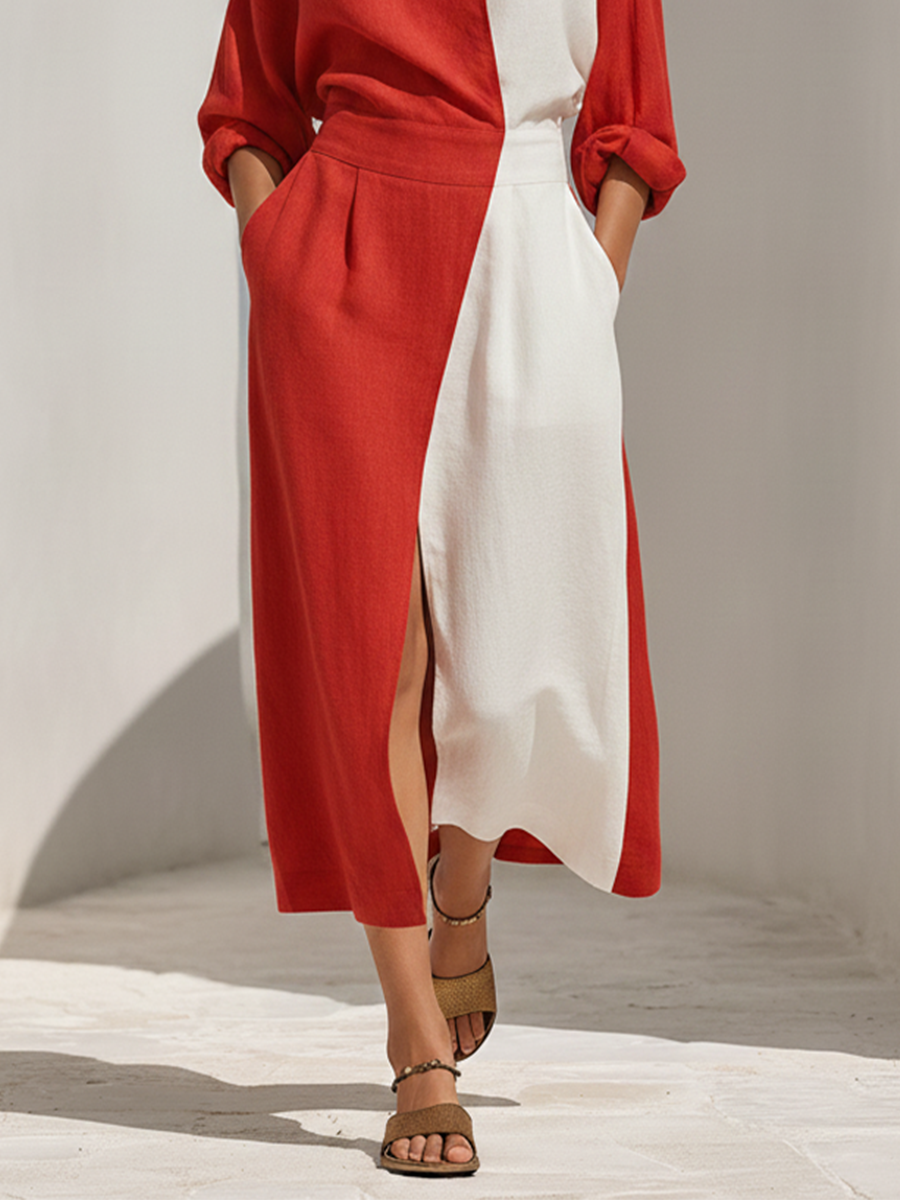 Women's Red & White Color-Block Linen Midi Dress With Asymmetric Wrap Collar & Waist-Cinched Skirt, Minimalist Elegant Casual Dress MDZ1162F6LYL
