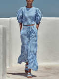 Women's Blue & White Gingham Cotton Two-Piece Set With Puff Sleeve Crop Top & Tiered Maxi Pants, Casual Summer Resort Outfit MDZ1153F7LYL
