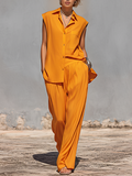 Women's Bright Orange Flowy Co-Ord With Collared Sleeveless Blouse & Elastic Waist Trousers, Modern Effortless-Chic Vacation Outfit MDZ1164F1LYL