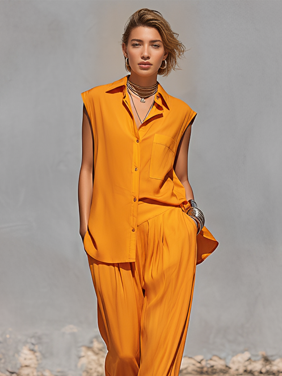 Women's Bright Orange Flowy Co-Ord With Collared Sleeveless Blouse & Elastic Waist Trousers, Modern Effortless-Chic Vacation Outfit MDZ1164F1LYL
