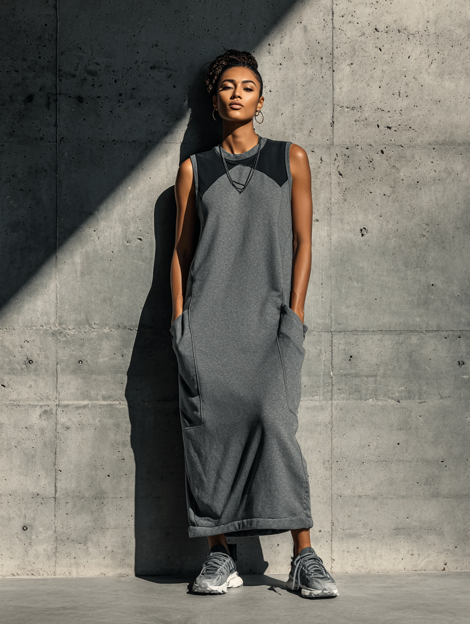 Women’s Gray Sleeveless Color Block Crew Neck Maxi Sweatshirt Dress With Side Pockets MDZ1172F4T