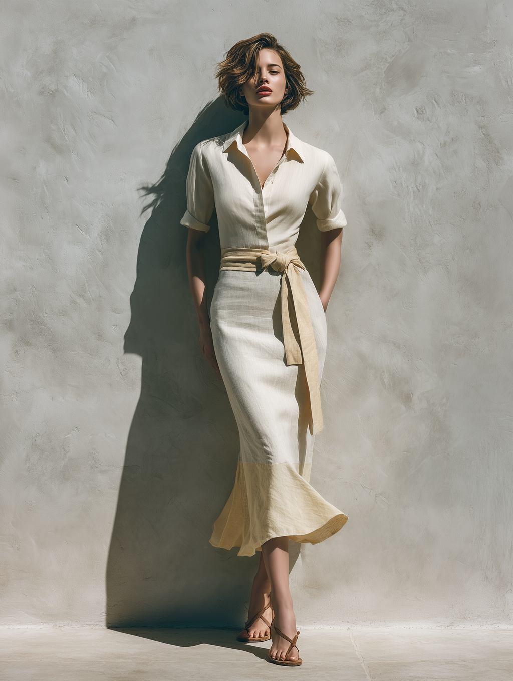 Women’s Linen-Blend Two-Tone Beige Button Down Midi Dress With Waist Tie & Flared Hem MDZ1147F9T
