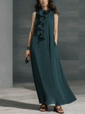 Women's Retro Elegant Dark Green Chiffon Ruffled Sleeveless Long Dress MDZ1142F4GMJ