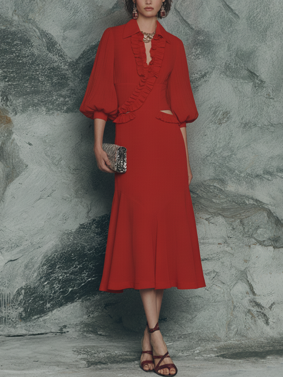 Women's Retro Red Cotton Blend Ruffled Collar Hollowed-Out Puff Sleeve Fishtail Midi Dress MDZ1134F6GMJ