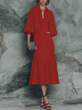 Women's Retro Red Cotton Blend Ruffled Collar Hollowed-Out Puff Sleeve Fishtail Midi Dress MDZ1134F6GMJ