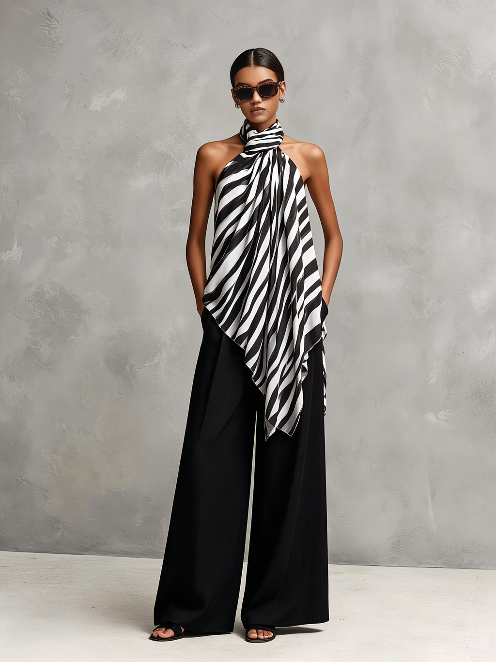Women's Casual Sleeveless Chiffon Top With Black And White Print, Paired With Woven Trousers MDZ1282F9LXY