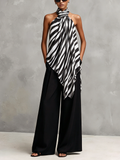 Women's Casual Sleeveless Chiffon Top With Black And White Print, Paired With Woven Trousers MDZ1282F9LXY
