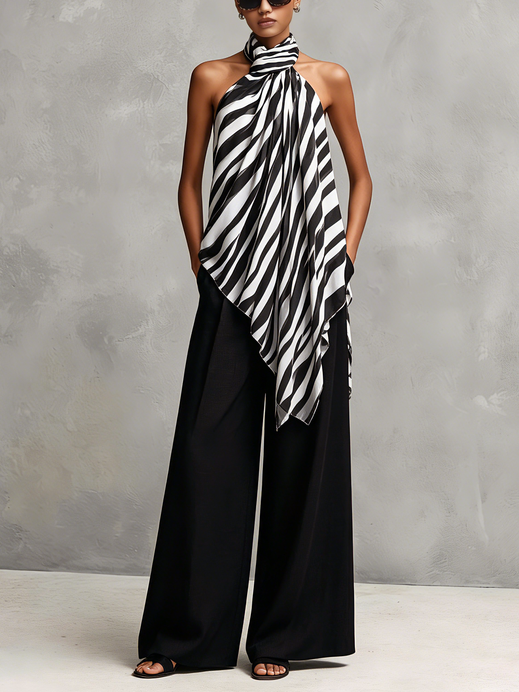 Women's Casual Sleeveless Chiffon Top With Black And White Print, Paired With Woven Trousers MDZ1282F9LXY