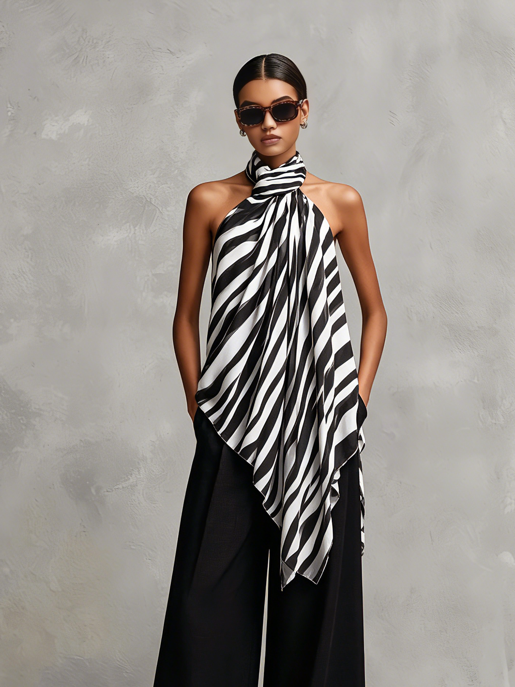Women's Casual Sleeveless Chiffon Top With Black And White Print, Paired With Woven Trousers MDZ1282F9LXY