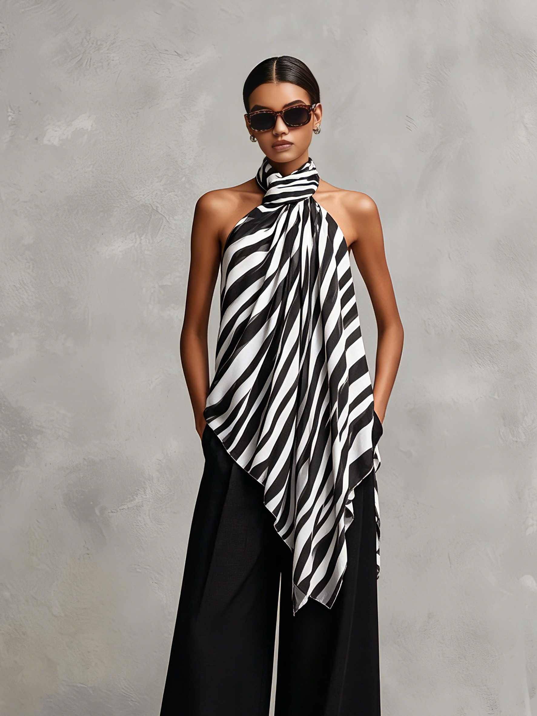 Women's Casual Sleeveless Chiffon Top With Black And White Print, Paired With Woven Trousers MDZ1282F9LXY