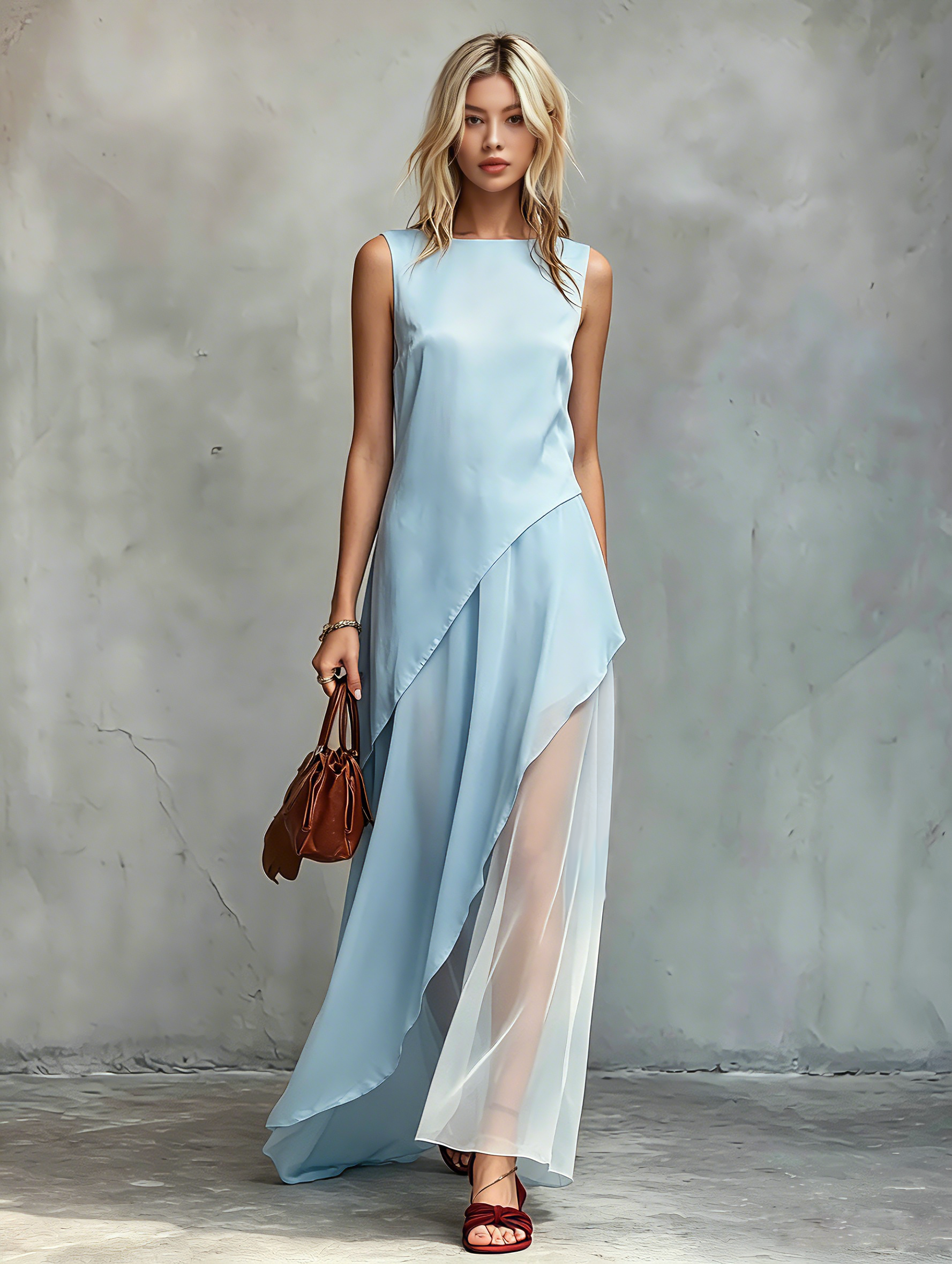 Women's Elegant Blue Sleeveless Maxi Dress With Satin And Chiffon Panels And Round Neck MDZ1254F8LXY