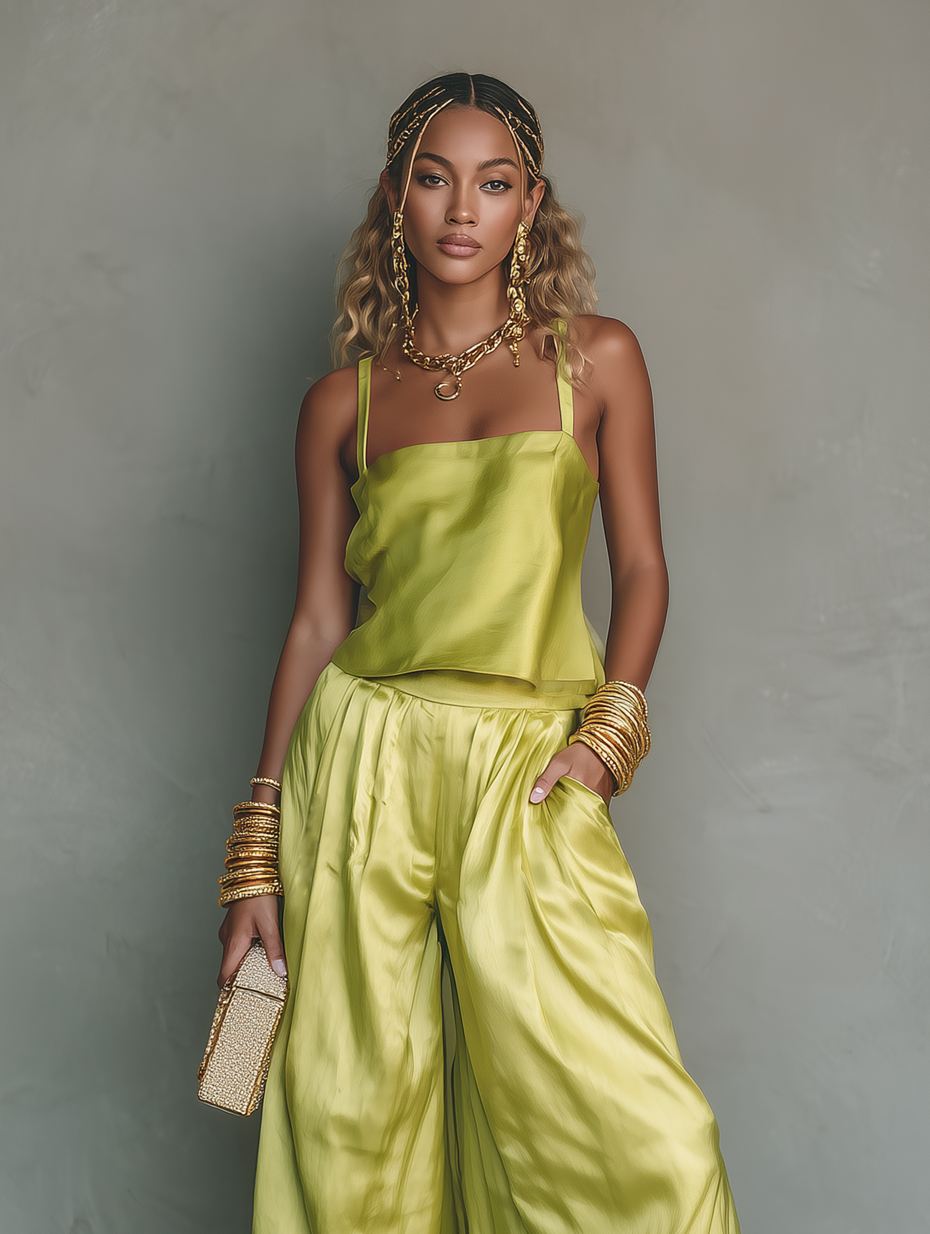 Women's Casual Light Green Satin Camisole And Trousers Set MDZ1203F9LXY