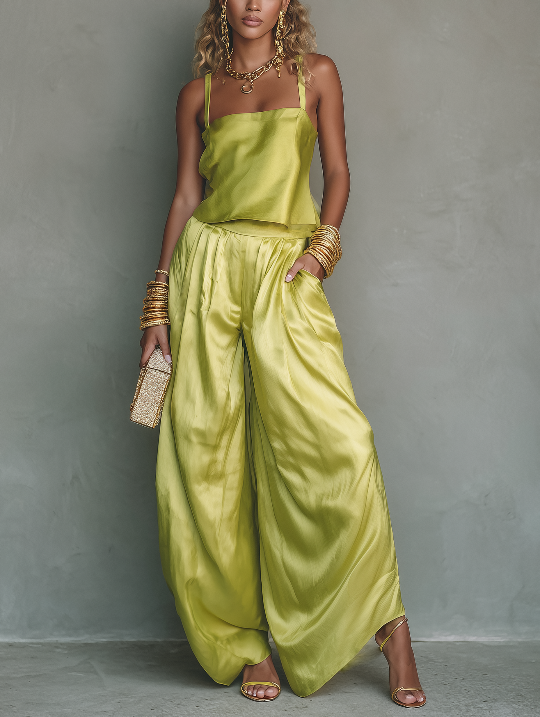 Women's Casual Light Green Satin Camisole And Trousers Set MDZ1203F9LXY