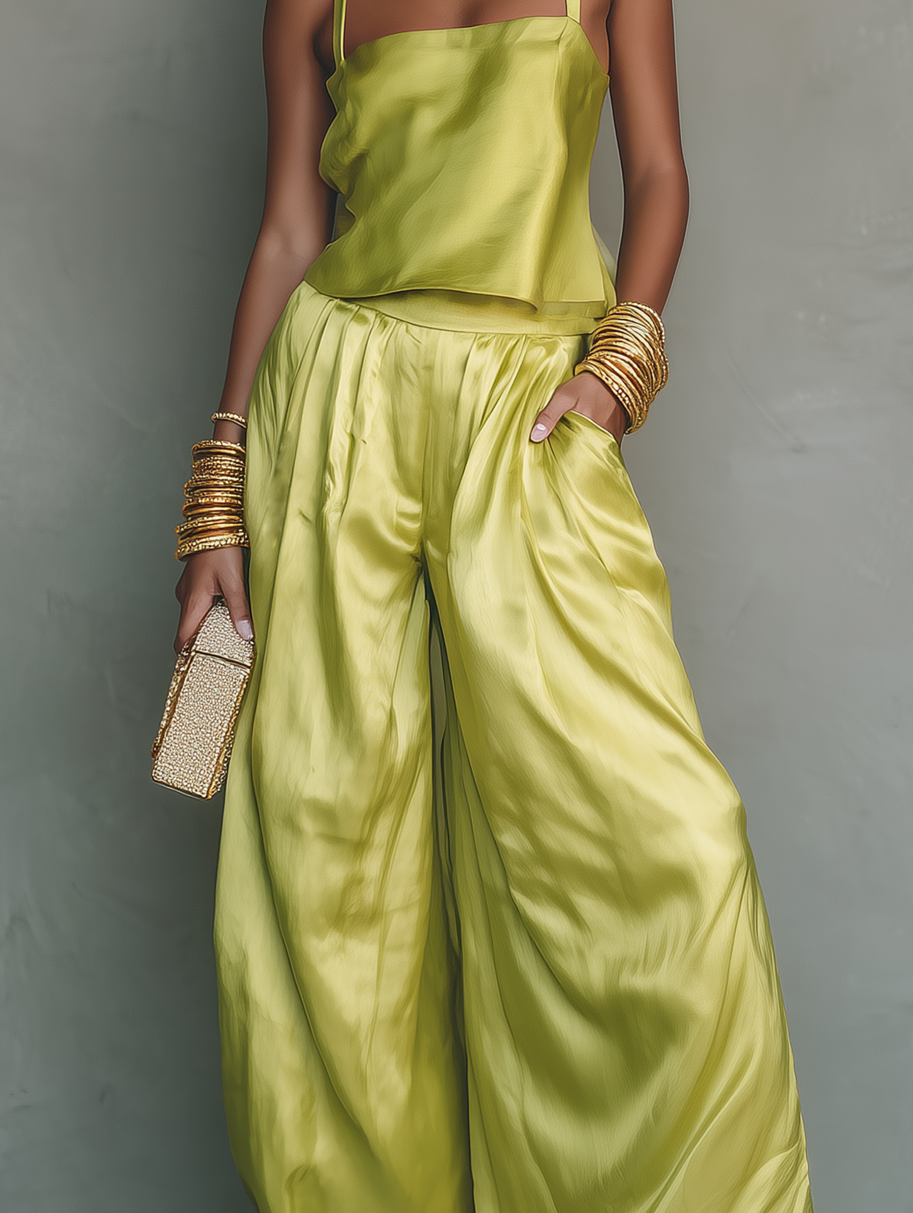 Women's Casual Light Green Satin Camisole And Trousers Set MDZ1203F9LXY