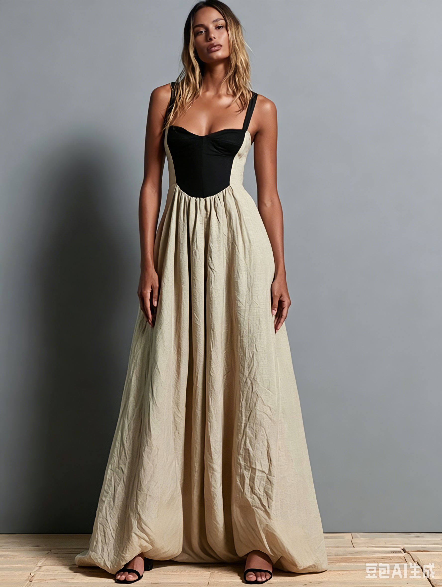 Women's Casual Khaki Cotton-linen Sleeveless Maxi Dress With A Square Neck. MDZ1246F8LXY