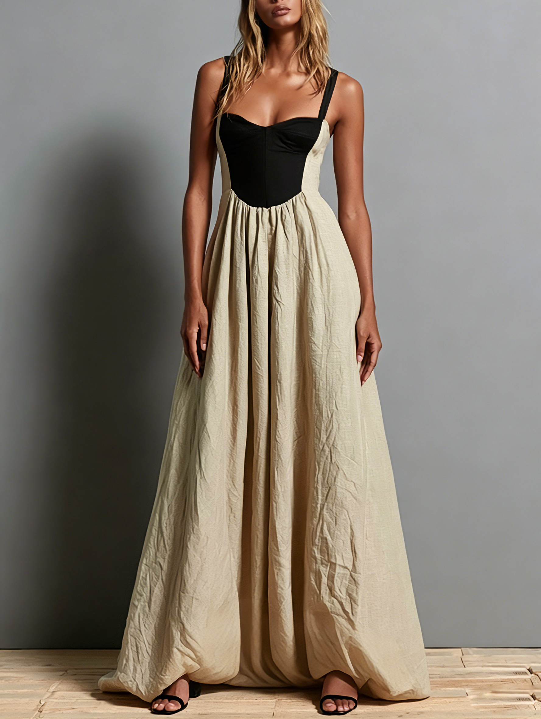 Women's Casual Khaki Cotton-linen Sleeveless Maxi Dress With A Square Neck. MDZ1246F8LXY