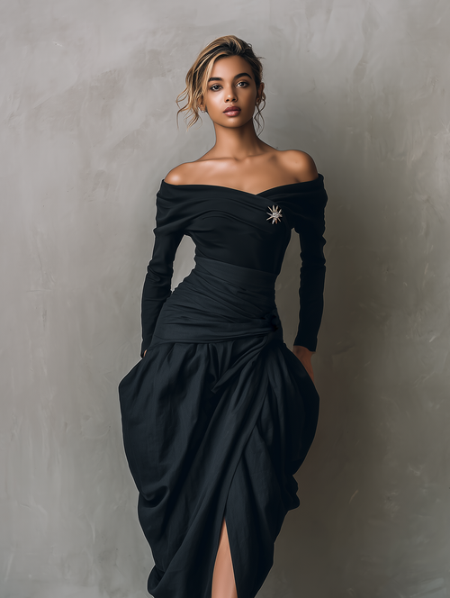 Women's Casual Black Stretch-knit And Woven Off-the-shoulder Midi Dress (brooch Not Included) MDZ1282F1LXY