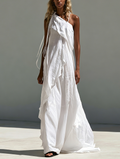 Women's Casual White Cotton-linen One-shoulder Sleeveless Maxi Dress MDZ1283F0LXY