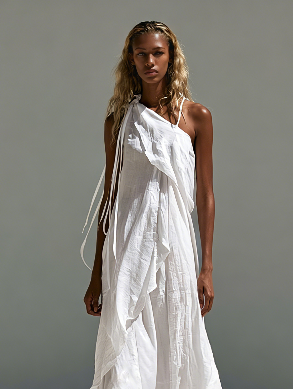 Women's Casual White Cotton-linen One-shoulder Sleeveless Maxi Dress MDZ1283F0LXY
