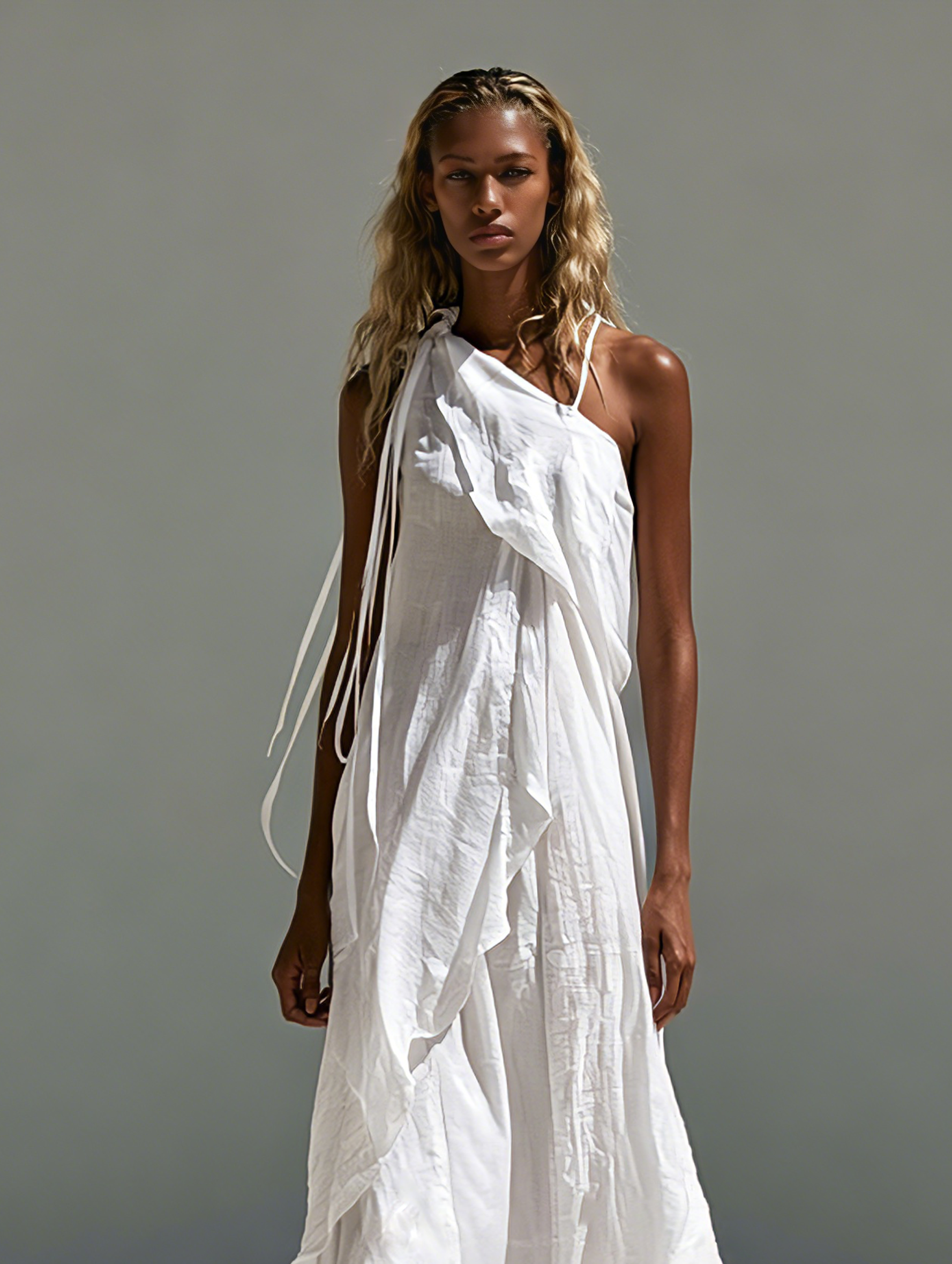 Women's Casual White Cotton-linen One-shoulder Sleeveless Maxi Dress MDZ1283F0LXY