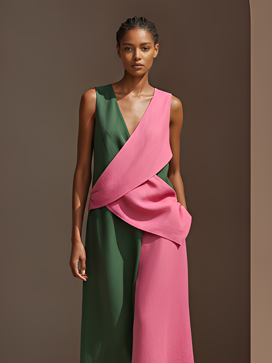 Women's Vibrant Pink & Green Matching Outfit With Diagonal Wrap Top & High Waist Wide Leg Pants, Contemporary Versatile Everyday Set MDZ1296F3LYL