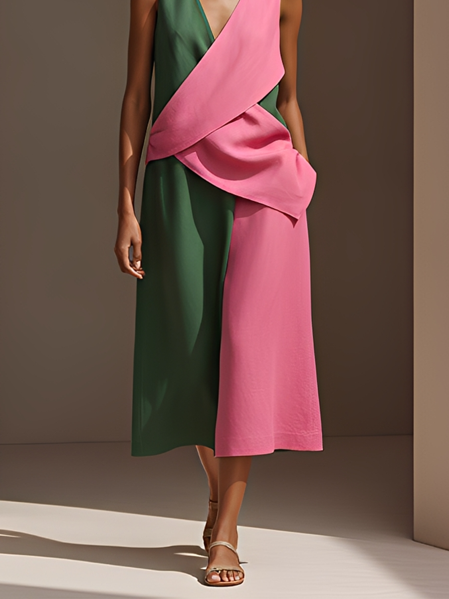 Women's Vibrant Pink & Green Matching Outfit With Diagonal Wrap Top & High Waist Wide Leg Pants, Contemporary Versatile Everyday Set MDZ1296F3LYL