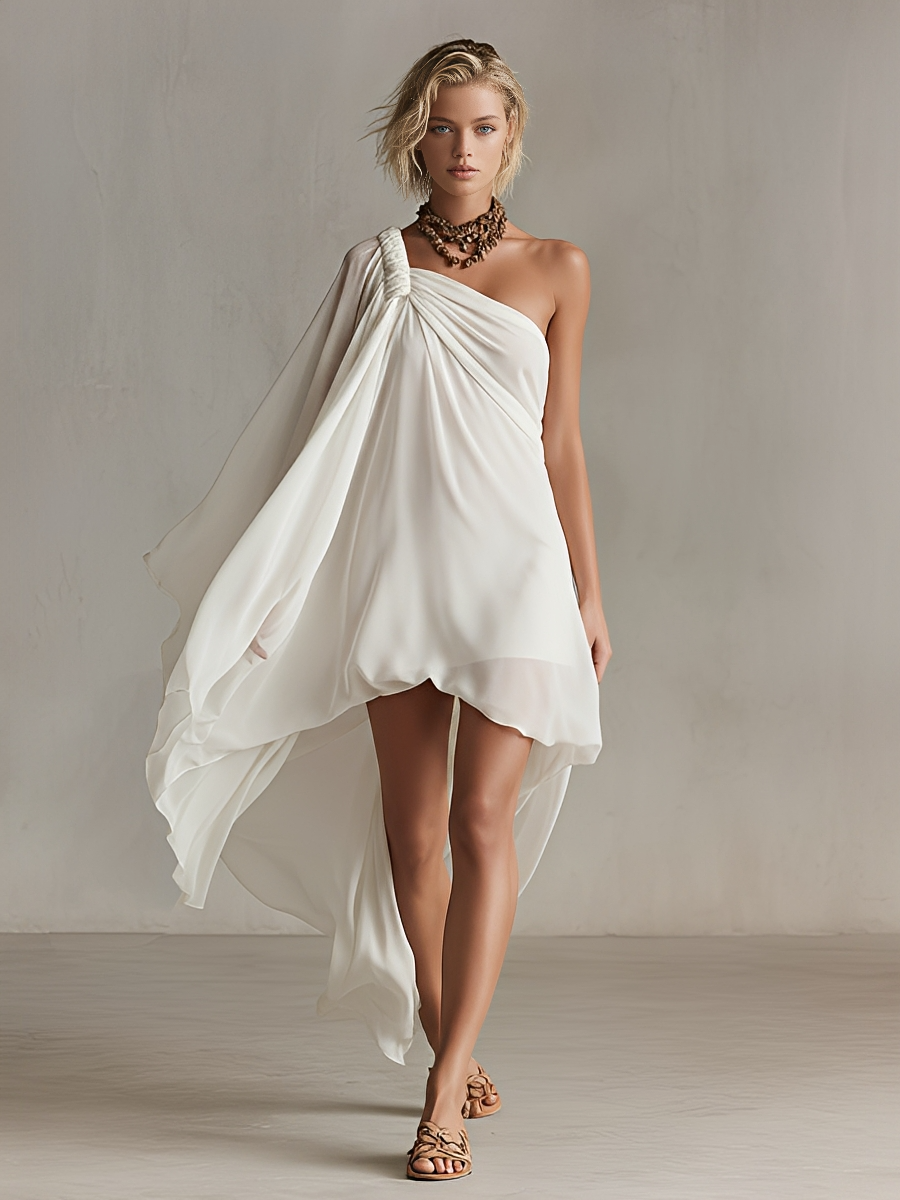 Women's Ivory Asymmetric Chiffon Dress With Ruched Shoulder Detail & High-Low Hem, Modern Goddess-Chic Cocktail Dress MDZ1243F0LYL