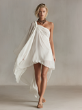 Women's Ivory Asymmetric Chiffon Dress With Ruched Shoulder Detail & High-Low Hem, Modern Goddess-Chic Cocktail Dress MDZ1243F0LYL