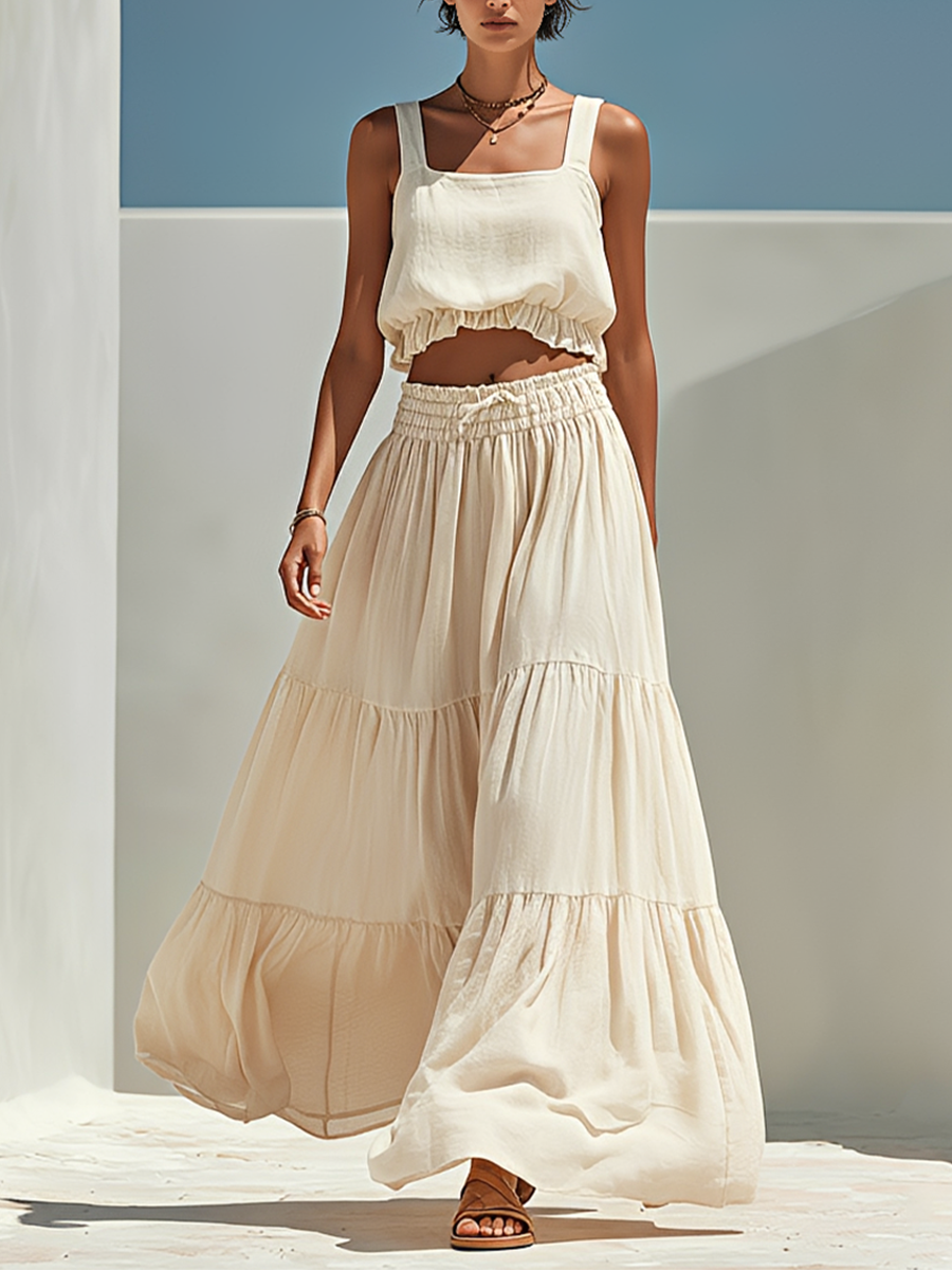Women's Beige Linen-Blend Two-Piece Set With Square Neck Crop Tank Top & Tiered Maxi Skirt, Casual Summer Resort Outfit MDZ1238F1LYL