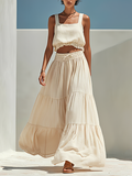 Women's Beige Linen-Blend Two-Piece Set With Square Neck Crop Tank Top & Tiered Maxi Skirt, Casual Summer Resort Outfit MDZ1238F1LYL