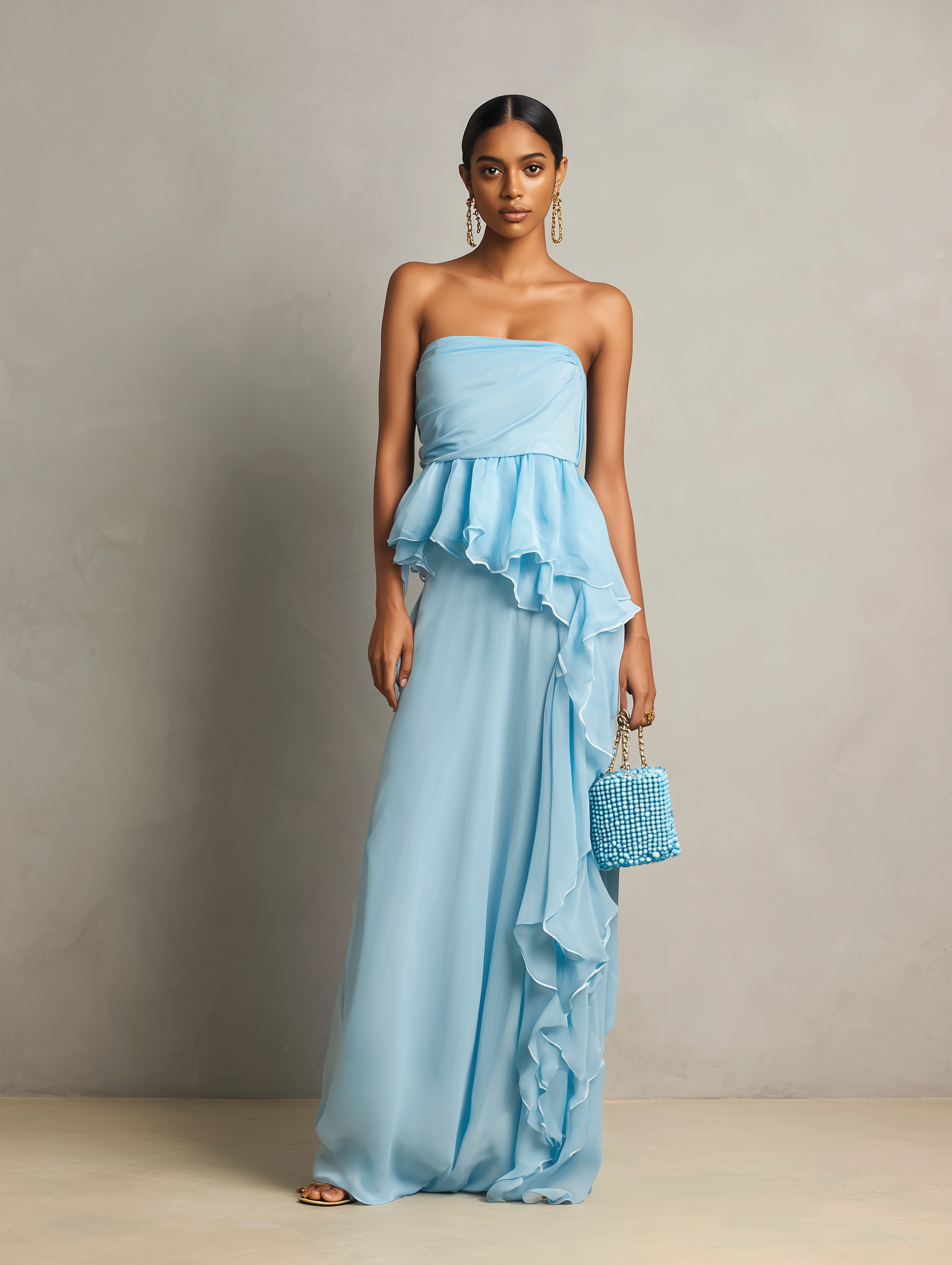 Women’s Light Blue Strapless Draped Chiffon Maxi Dress With Tiered Ruffle Peplum Detail MDZ1281F2T