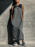 Women’s Gray Sleeveless Color Block Crew Neck Maxi Sweatshirt Dress With Side Pockets MDZ1172F4T