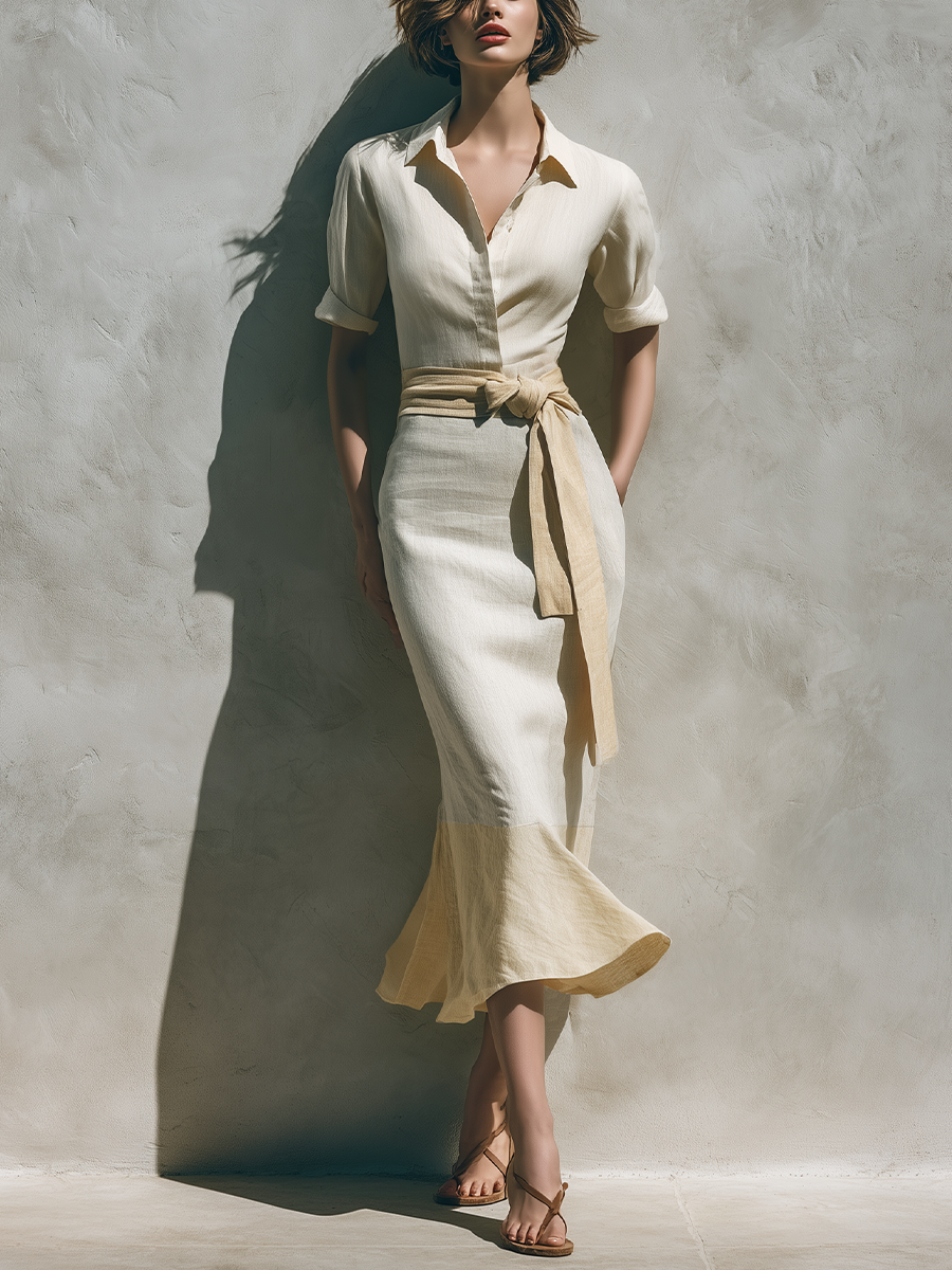Women’s Linen-Blend Two-Tone Beige Button Down Midi Dress With Waist Tie & Flared Hem MDZ1147F9T