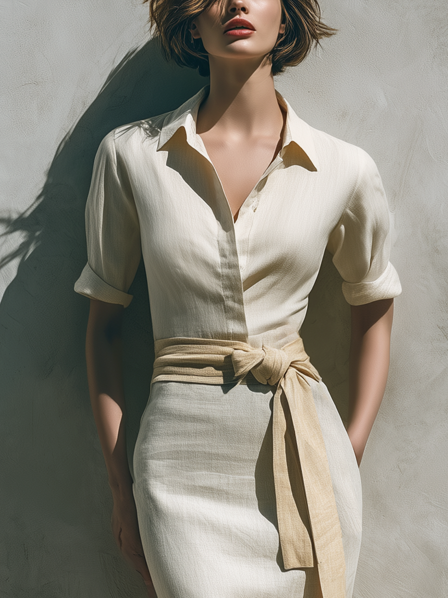 Women’s Linen-Blend Two-Tone Beige Button Down Midi Dress With Waist Tie & Flared Hem MDZ1147F9T