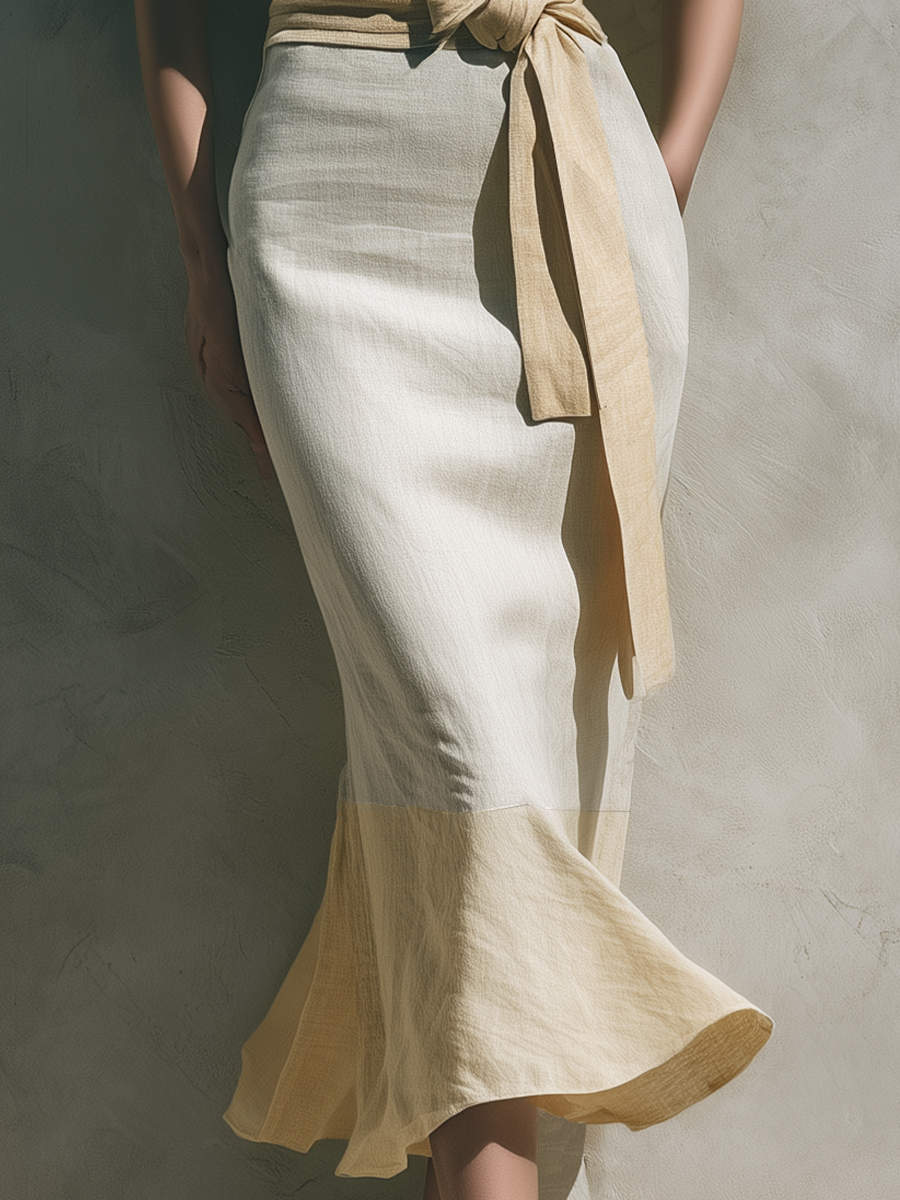 Women’s Linen-Blend Two-Tone Beige Button Down Midi Dress With Waist Tie & Flared Hem MDZ1147F9T
