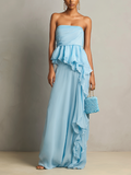 Women’s Light Blue Strapless Draped Chiffon Maxi Dress With Tiered Ruffle Peplum Detail MDZ1281F2T