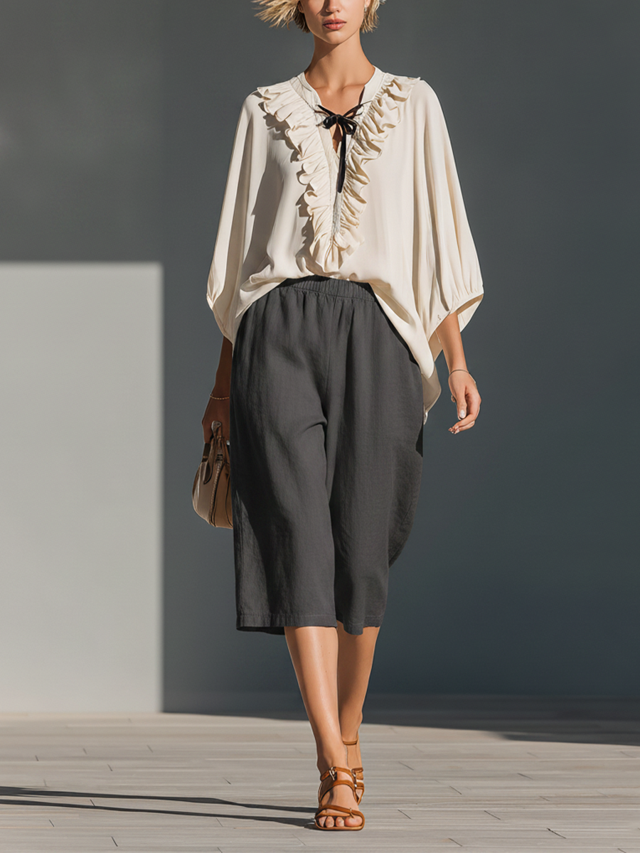 Women’s Off-White Ruffle V-Neck Tie Blouse & Dark Gray Elastic Waist Linen Culottes Two-Piece Set MDZ1276F3T