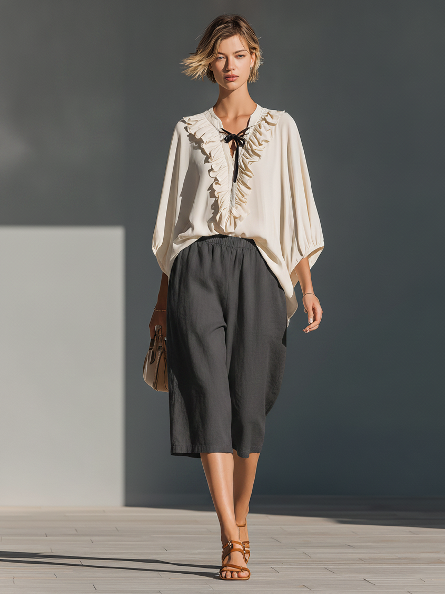 Women’s Off-White Ruffle V-Neck Tie Blouse & Dark Gray Elastic Waist Linen Culottes Two-Piece Set MDZ1276F3T